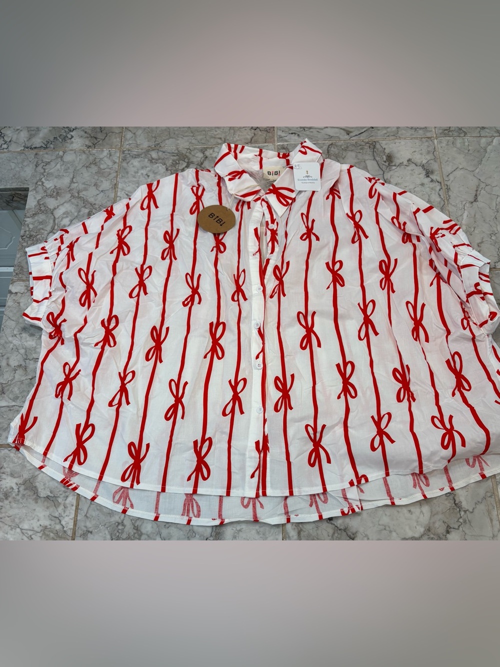 BiBi White Button-Front Blouse with Red Bow Stripe Print